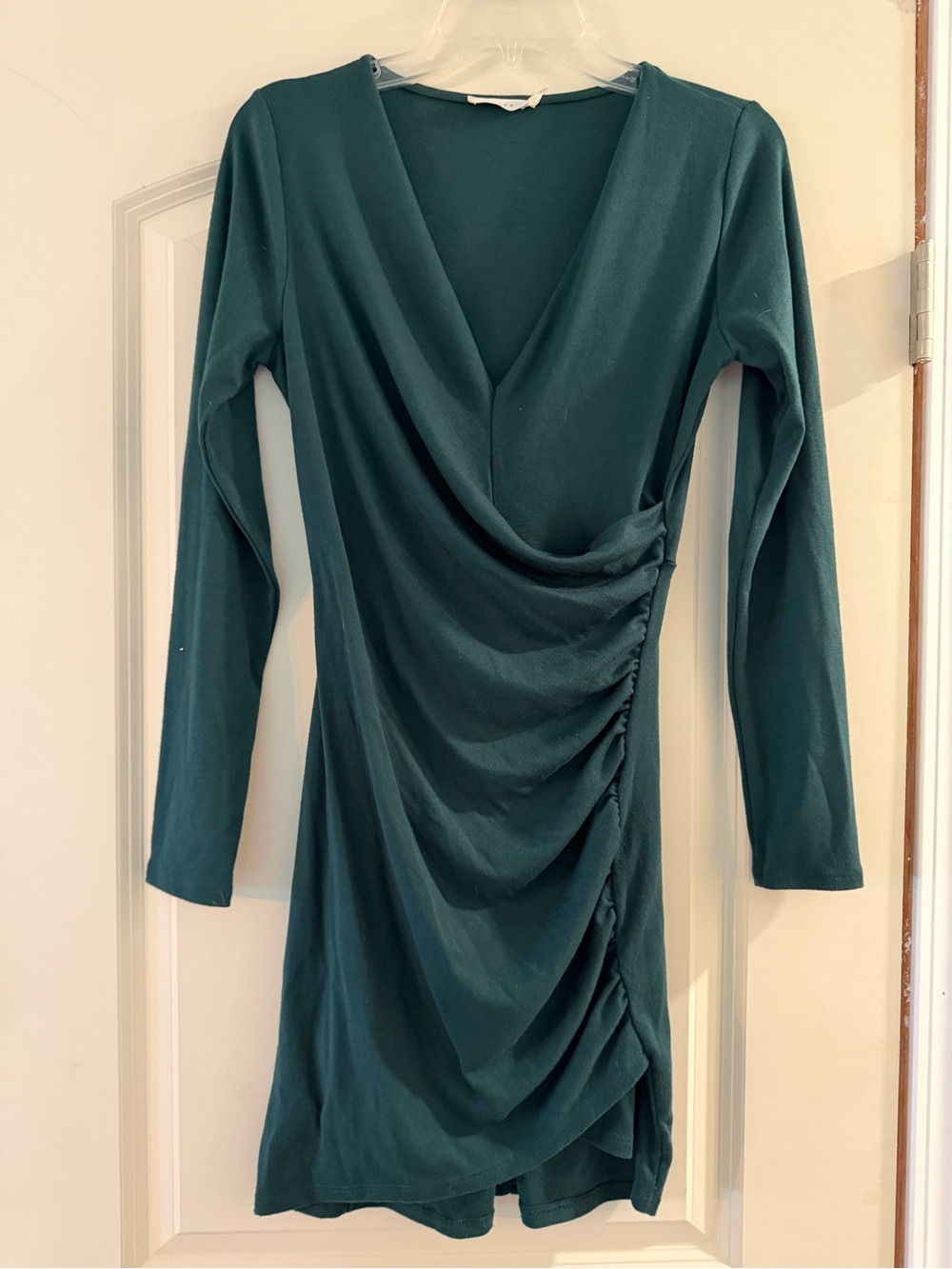 Lush Teal Green Draped V-Neck Long Sleeve Dress